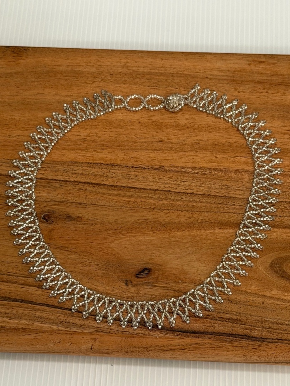 Vintage Silver Beaded Collar Choker Necklace Lace Netted Seed Bead Hand Woven